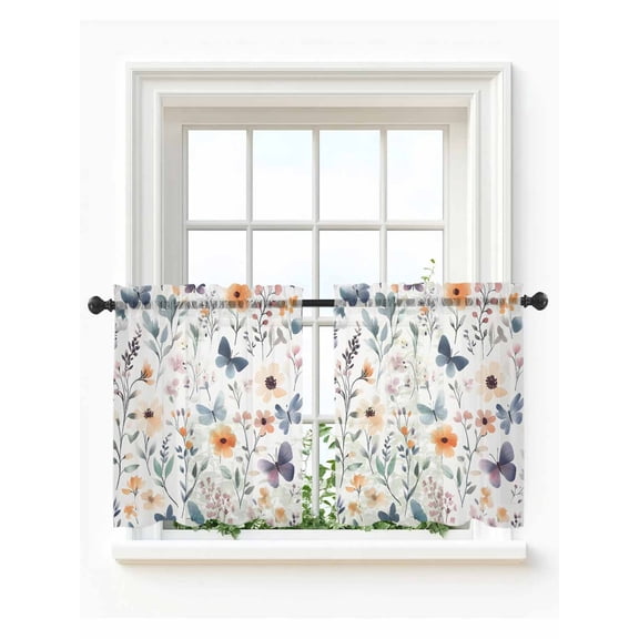 Botanical Flower Tier Curtains 36 Inch Length,Sheer Curtains for Bedroom Living Room Window Country Farm Butterfly Spring Plant Rod Pocket Drapes Kitchen Curtains Small Half Window 27.5"x36" 2 Panels