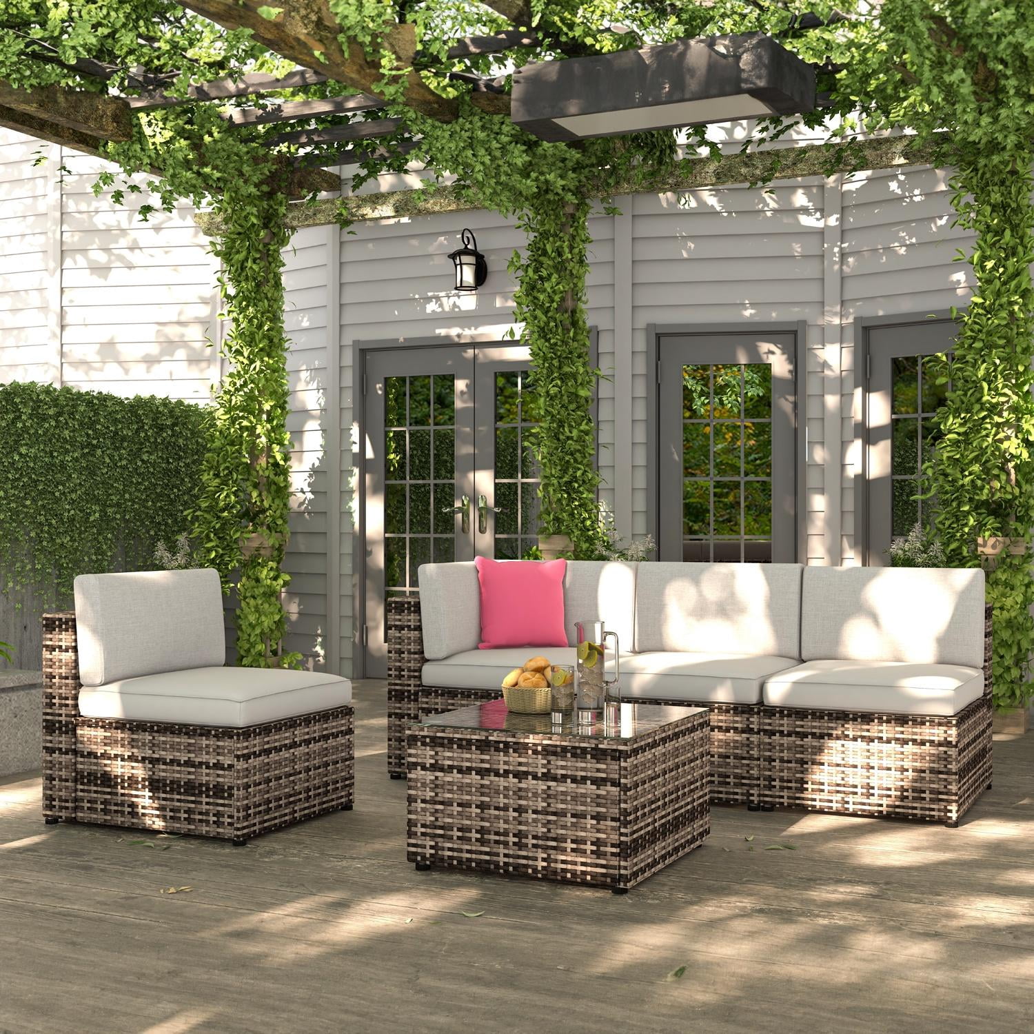 BaPiPro 5pcs Outdoor Patio Furniture Set, PE Rattan Wicker Sectional Conversation Set with Glass Coffee Table,Gray