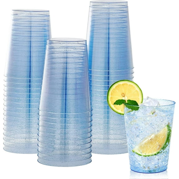 100 Pack 10 oz Blue Plastic Cups, Blue Disposable Tumblers, Elegant Glitter Party Drinking Cups for Wedding, Thanksgiving Day, Christmas Halloween