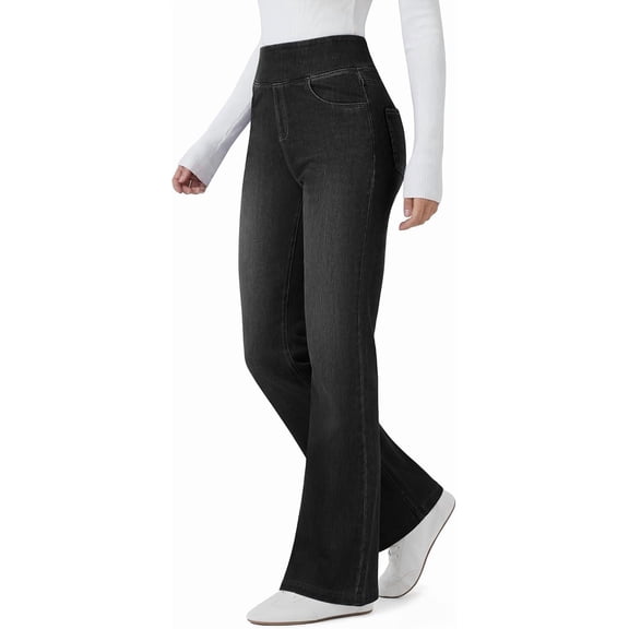 Wrongduck Women's High Waisted Stretch Flare Jeans Pull On Wide Leg Bootcut Denim Pants with Pockets Casual Everyday Fashion Trousers