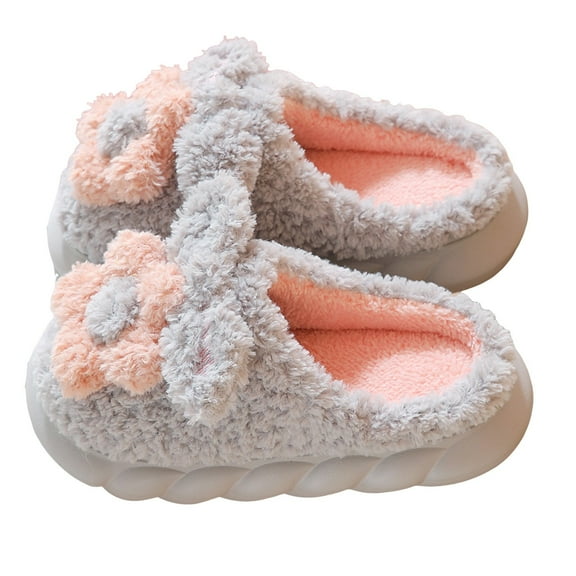 Mepaouo Women's Slippers Warm Plush Flowers Indoor Non Slip Winter House Shoes Slippers(Grey,6.5)