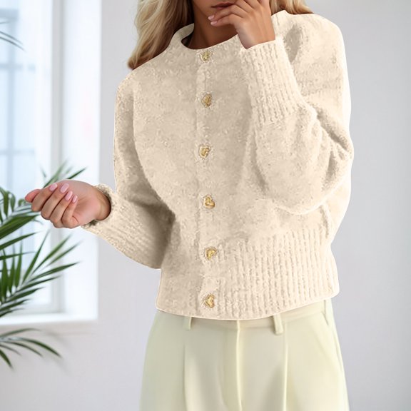 ZHOGXU Women's Cardigan Long Sleeve Open Front Buttons Solid Color Knit Comfortable Loose Fit Coat Jacket For Casual Daily Wear Beige One Size