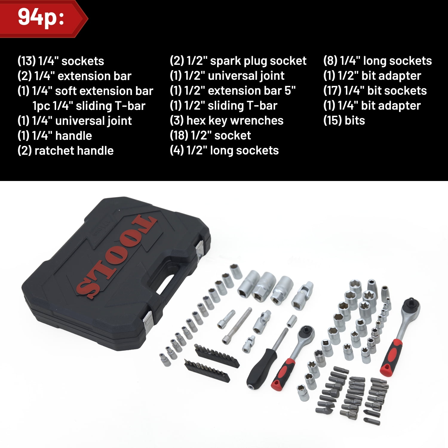 Hantinstom 94p Ultimate Sockets Set Comprehensive Hand Tool Set Perfect for Home Essentials College Dorm Car Emergency Kit