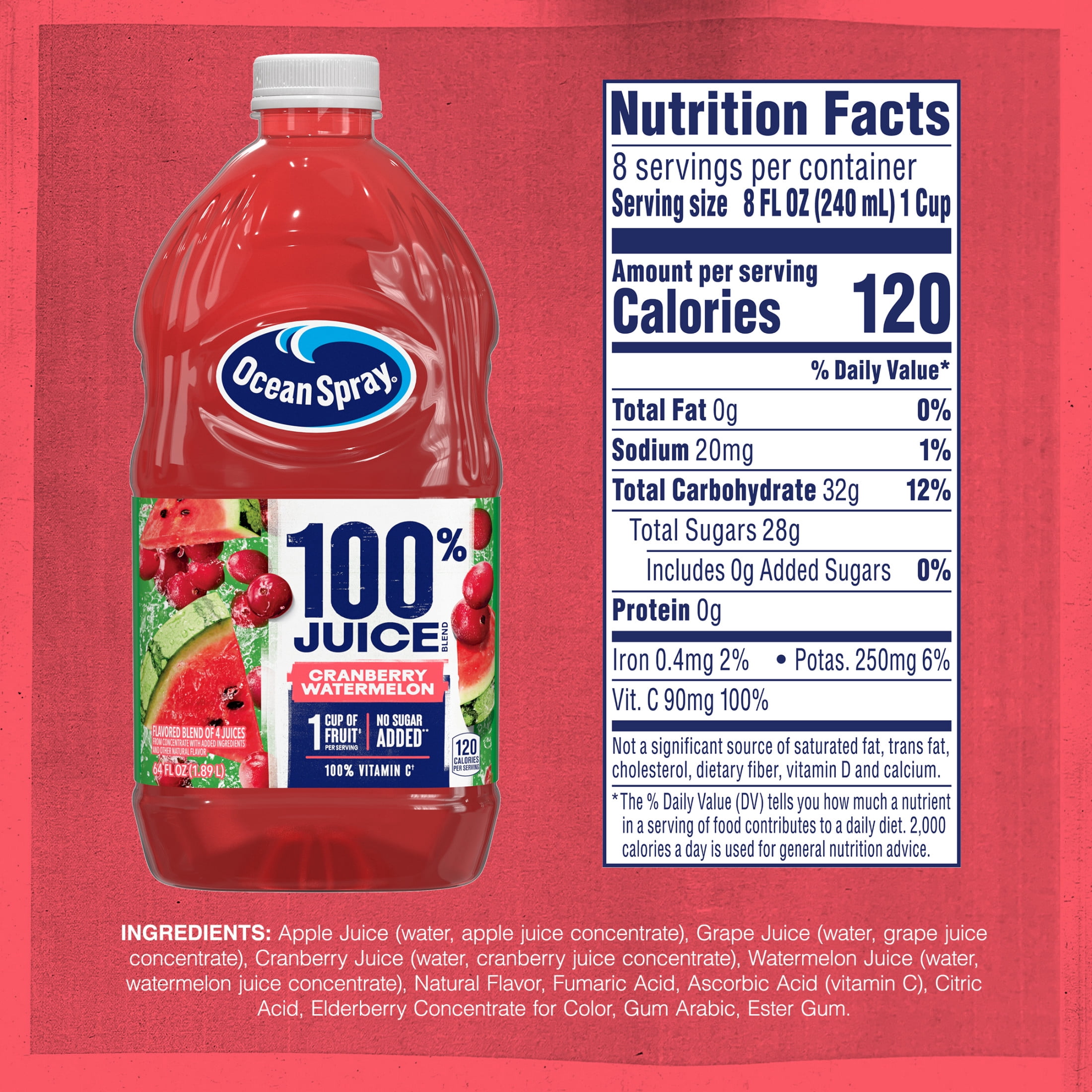 Ocean Spray® 100% Juice Cranberry Watermelon Juice Blend, 64 fl oz Bottle