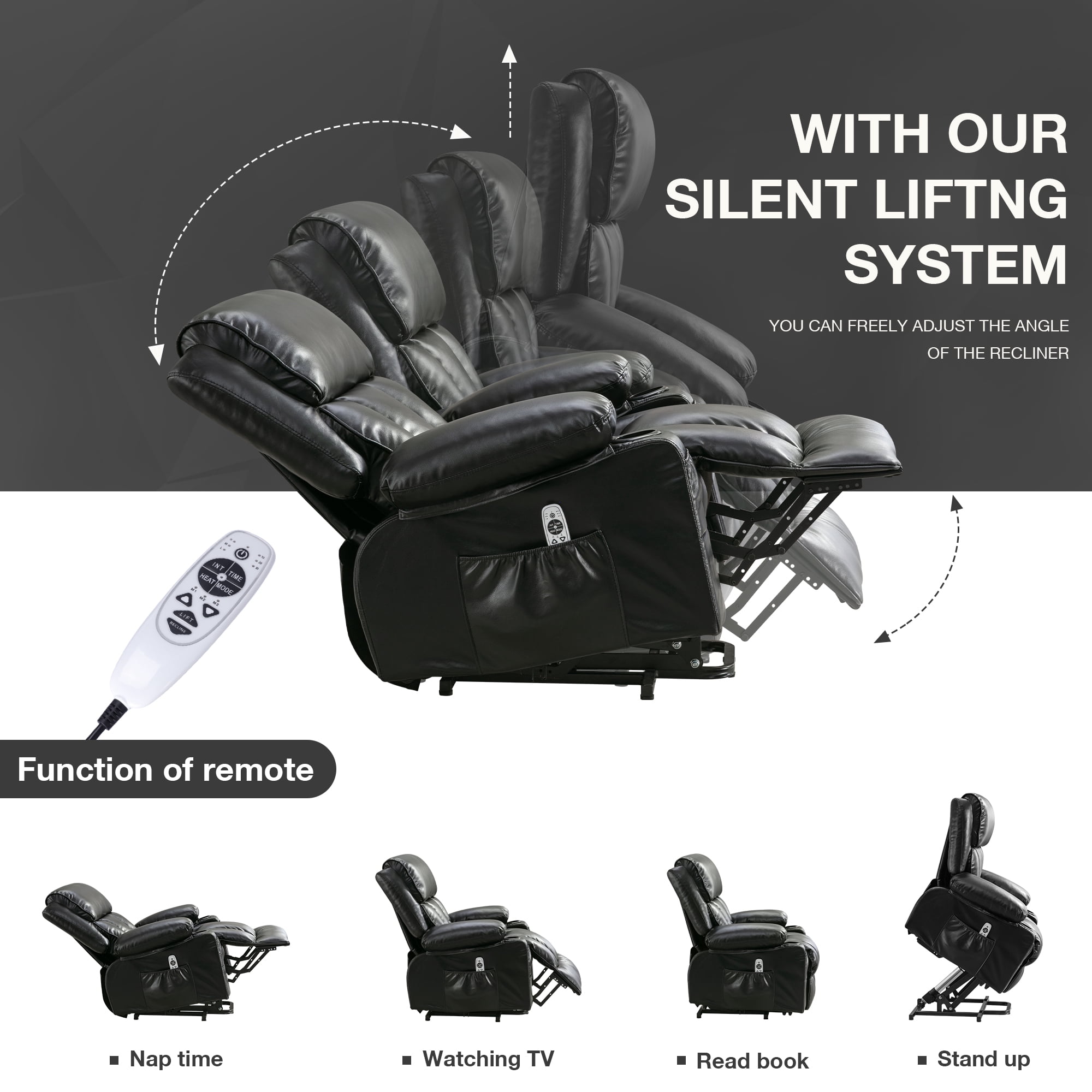 Lift Recliner Chair, LEGAHOME Electric Power Lift Recliner for Elderly with Heat Therapy and Massage, Oversized PU Leather Recliner Chair with Cup Holders, USB Port, Side Pocketst, Black