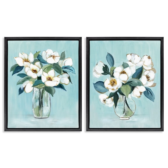 Stupell Industries Magnolia Blossom Vases 2 Piece Black Framed Floater Canvas Set, design by Janet Tava