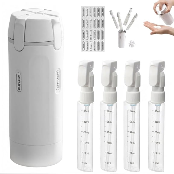 4 in 1 Travel Dispenser Bottle, Portable Toiletry Container for Shampoo, Lotion, Conditioner and Cream with Labels, Transparent White
