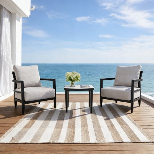 3pcs Modern Fully Weld Club Chair Chat Set, Sunbrella Cushions and Elegance Arc 23.6'' Side Table with Greek White Marble-Inspired Sintered Stone Top,Outdoor Aluminum Patio Furniture