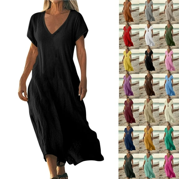 Axiiglly Dresses for Women Summer Plus Size Maxi Dresses Short Sleeve V Neck Long Sundress Solid Color Flowy Beach Dress