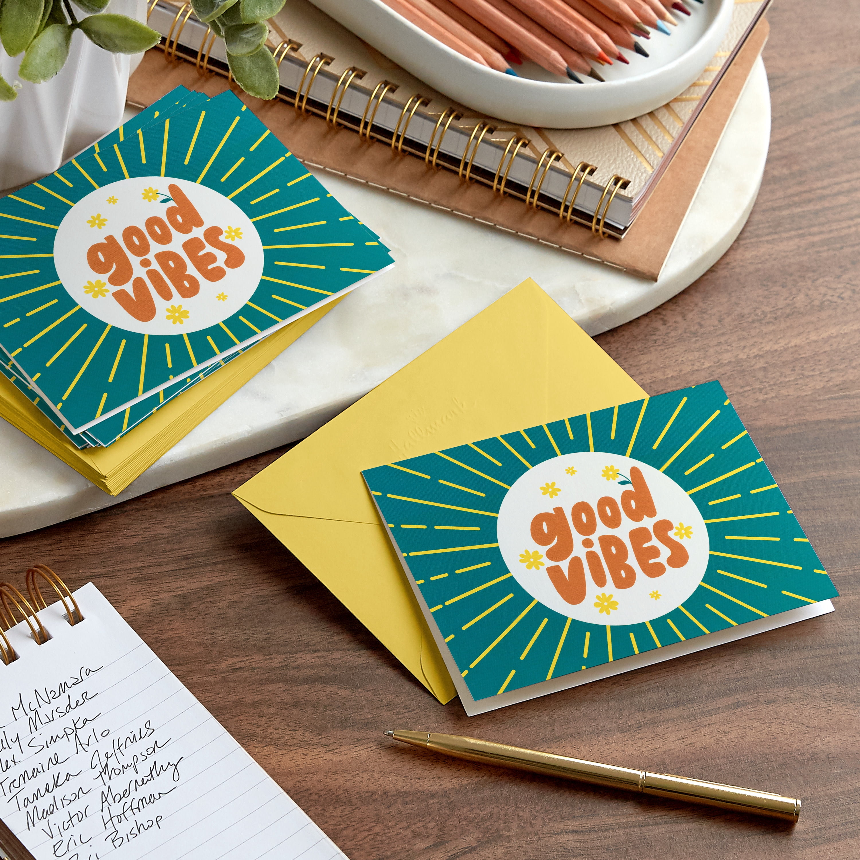 Hallmark Blank Notes (Good Vibes Yellow Rays on Green), 10 Count