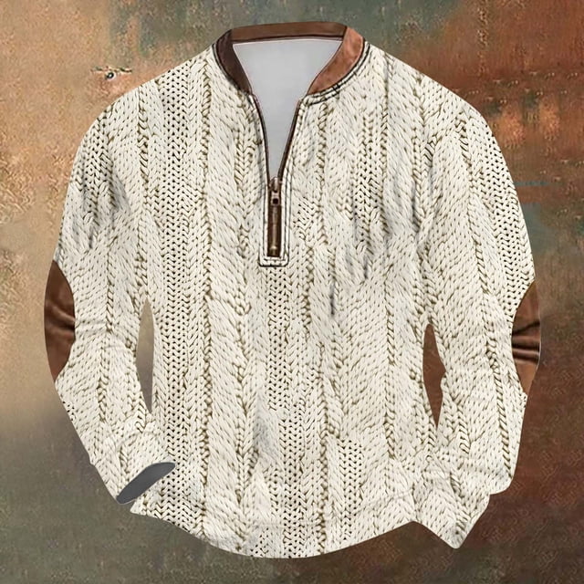 Blusas y camisas de manga larga con cuello redondo para hombre, talla grande, tejido de punto, estampado, media cremallera, cuello redondo, estampado vintage, manga larga, blusa de poliéster para homb