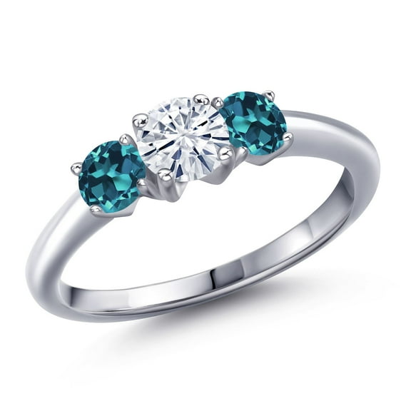 Gem Stone King 925 Sterling Silver White Moissanite and London Blue Topaz Engagement Ring for Women | 1.16 Cttw | Round 5MM | Gemstone Birthstone | Size 6