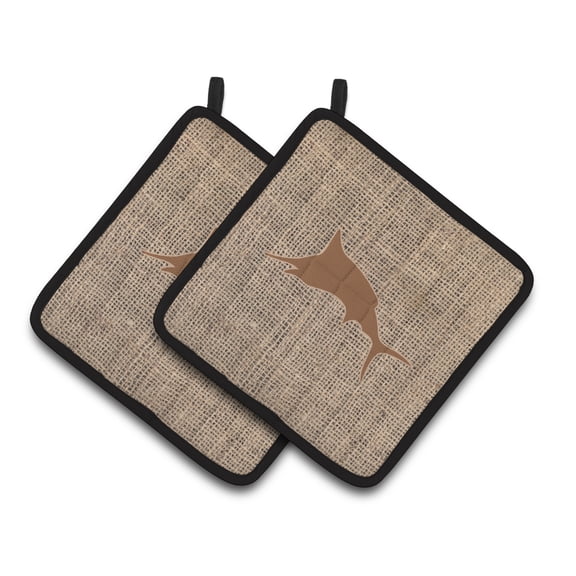 Fish - Marlin Faux Burlap and Brown Pair of Pot Holders
