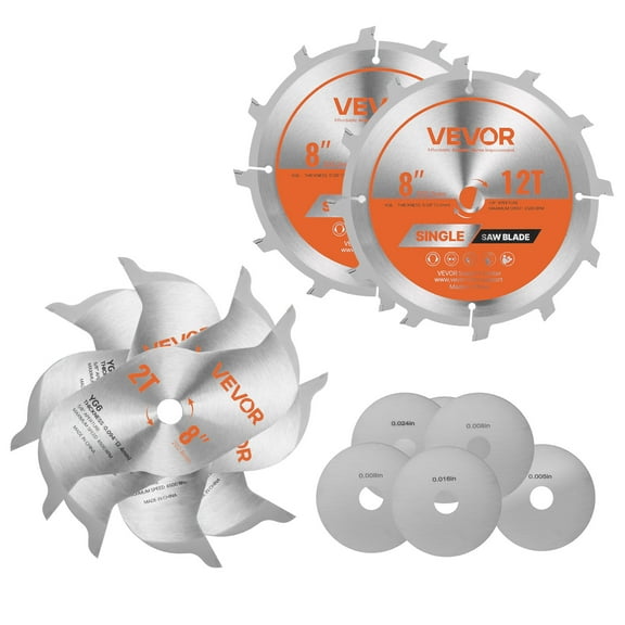 VEVOR Dado Blade Set, 8 inch Diameter, 12 Sharp Alloy Teeth, 5/8 inch Arbor, Fine Finish, Stacking Dado Blades with Chippers and Shims, Noise-Reducing Heat Vents, for Cutting Plywood, OSB, Hardwood