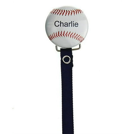 Personalized Name Baseball Pacifier Clip with Navy Ribbon
