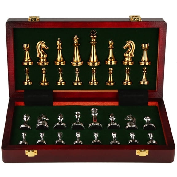 Folding Wooden Chess Set, Metal Staunton Chess Pieces Gold & Silver, Portable Travel Chess Board Game for Adults Beginners, Luxury Gift for Chess Lovers