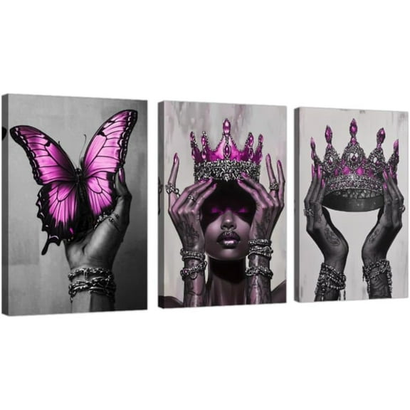 Hieng African American Canvas Wall Art Pieces Blue Fashion Black Art Print Black Woman Pictures with Crown African Queen Painting Home Decor Unframed