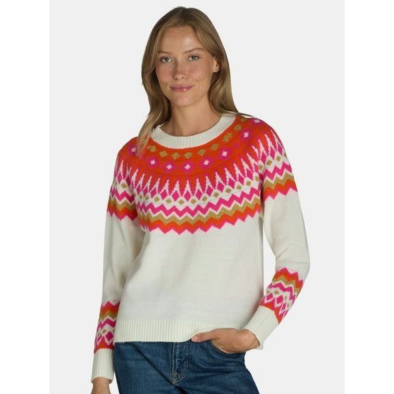 99 Jane Street Women's Fair Isle Crewneck Sweater with Long Sleeves, Midweight, Sizes XS-XL