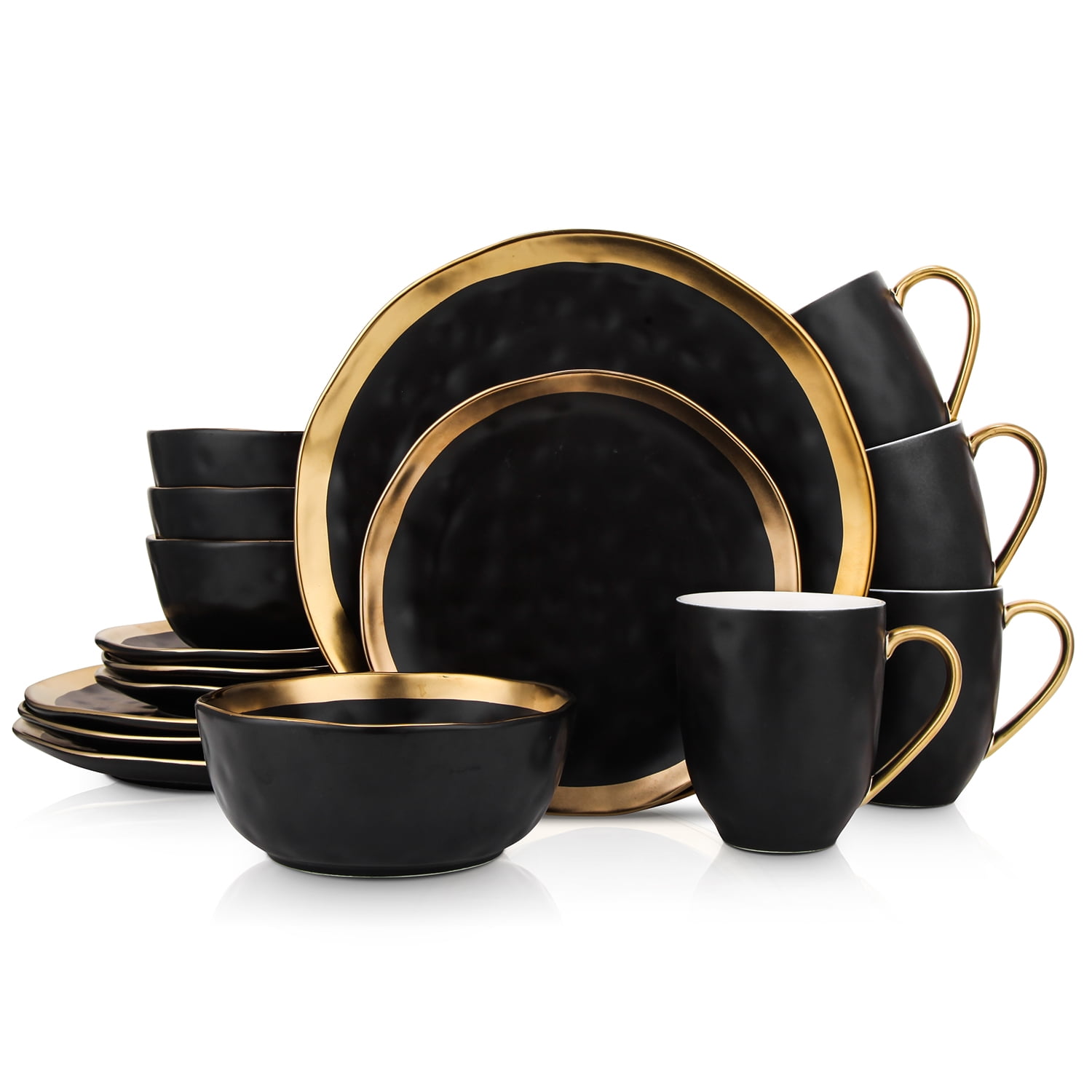 16PC Dinner Set Bowl Plate Mug Soup Side Porcelain Cup Gift Kitchen Service New Black Patterns 