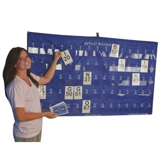 Tabla de bolsillo Masterboard de bingo manual mundial de S&S. Gráfico grande de 60"" de largo x 35" de ancho con 75 bolsillos para guardar tarjetas de llamadas de bingo. Los bolsillos miden aproximada