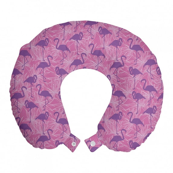 Tropical Travel Pillow Neck Rest, Pattern of Flamingo Bird Silhouettes on Leaf Outline in Pink Tones, Memory Foam Traveling Accessory Airplane and Car, 12", Pale Fuchsia and Violet, by Ambesonne