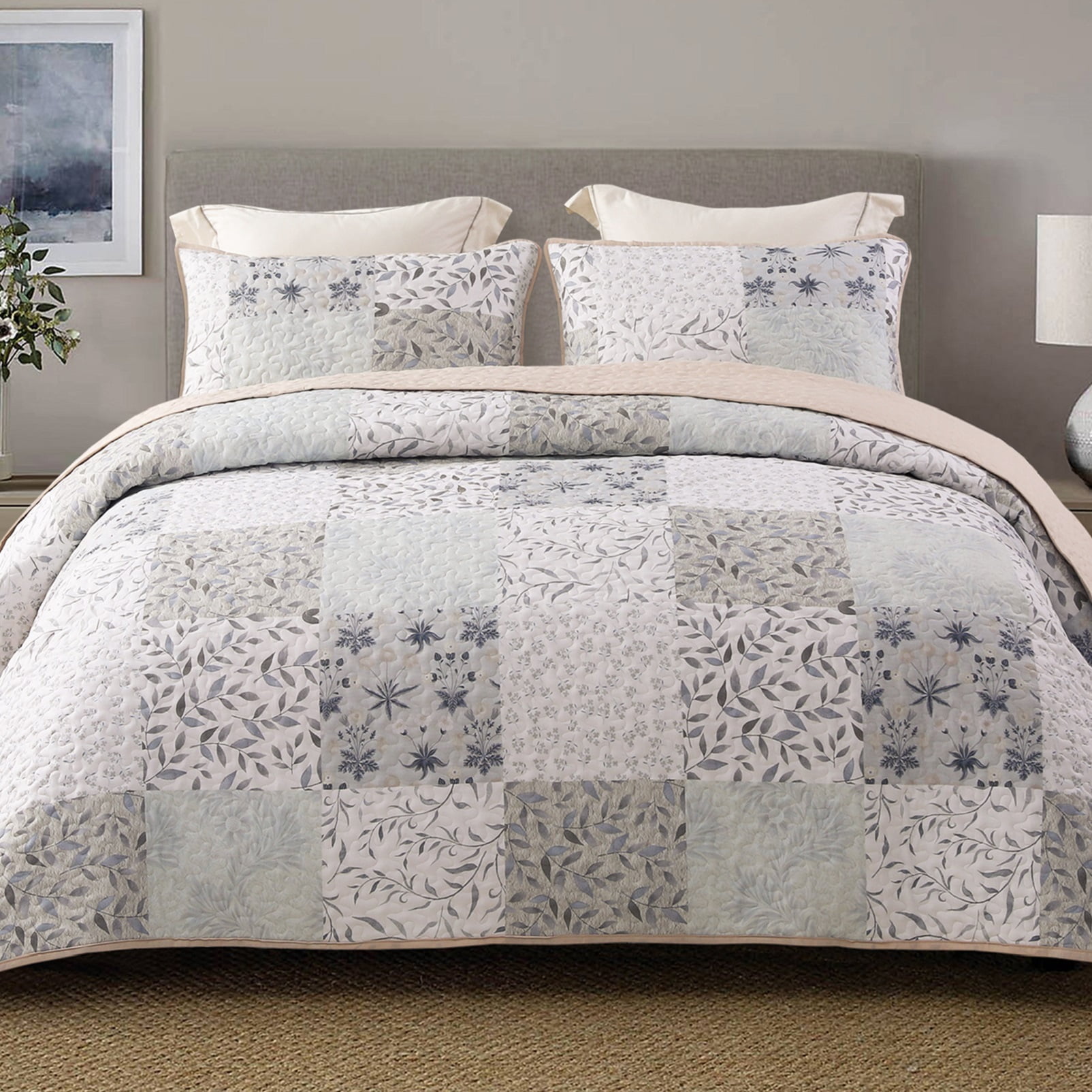 Exclusivo Mezcla Reversible Boho Quilt Set King Size, 3 Pieces Patchwork Gray All Season Bedspreads, Ultra Soft Floral Coverlet Bedding Set with Printed Pattern (1 Quilt, 2 Pillow Shams)