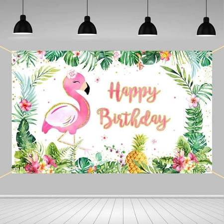 Flamingo Birthday Backdrop for Girls Pink Flower Luau Aloha Happy Birthday Photography Background Summer Tropical Hawaiian Birthday Party Decorations Banner Photo Prop