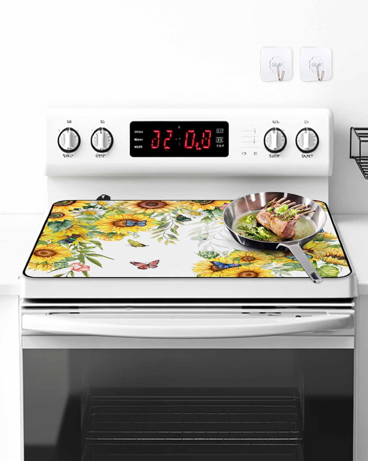 Stove Top Covers for Electric Stove, Sunflower Glass Stovetop Cover Protector, Summer Botanical Butterfly Watercolor Induction Cooktop Protector Oven Mat for Kitchen Countertop 24"x21"