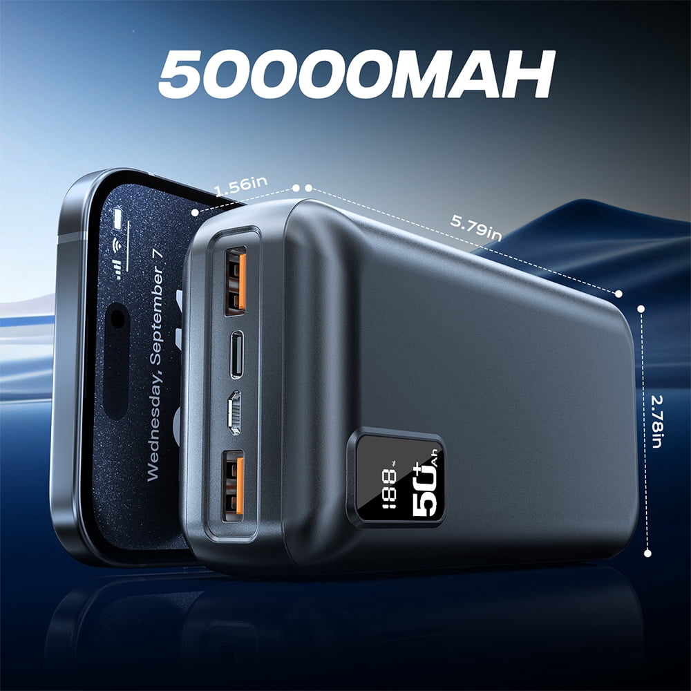 50000mAh Power Bank 22.5W Fast Charging Portable Charger USB-C Quick Charge with 3 Outputs & 2 Inputs LED Display Huge Capacity External Battery Pack for Most Electronic Devices on The Market
