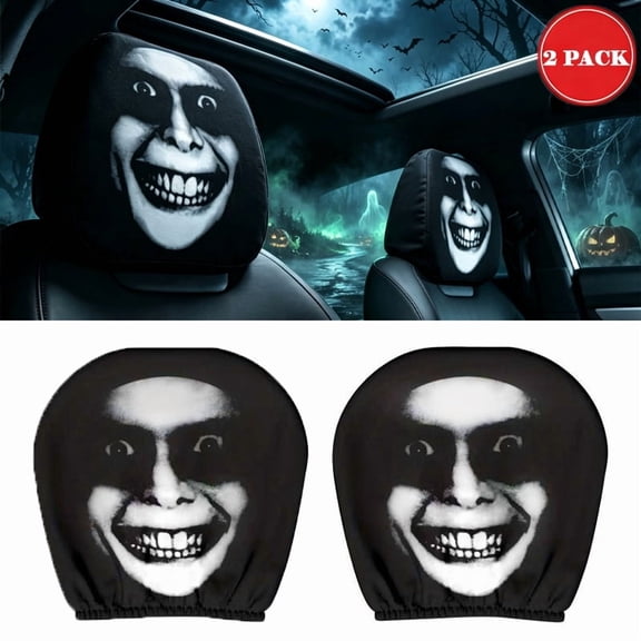 2 Pack Scary Ghost Face Printed Car Headrest Covers, Stretch Elastic Head Rest Protector, Novelty Vehicle Interior Decor, Spooky Masque Design Seat Cover for Cars, Trucks and SUVs