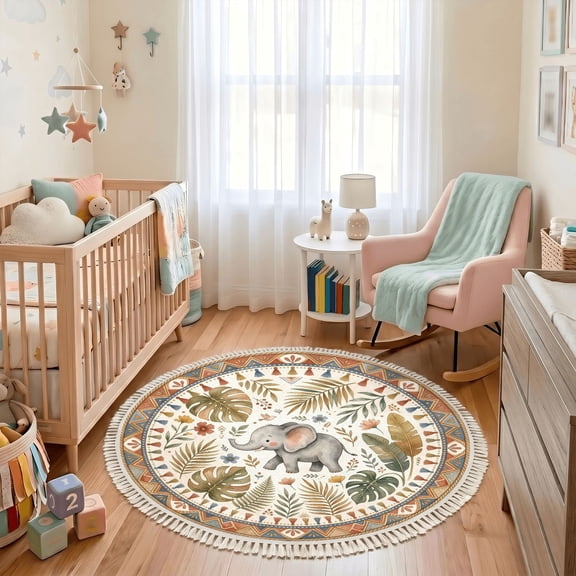 Washable Non Slip 3ft Round Rug, Cute Baby Elephant Tropical Circle Area Rugs with Tassels Carpet for Nursery Bedroom Living Room Playroom Tent Rug