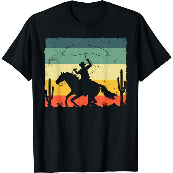 Retro Western Cowboy Design Men's Short Sleeve T-Shirt Black Casual Tee