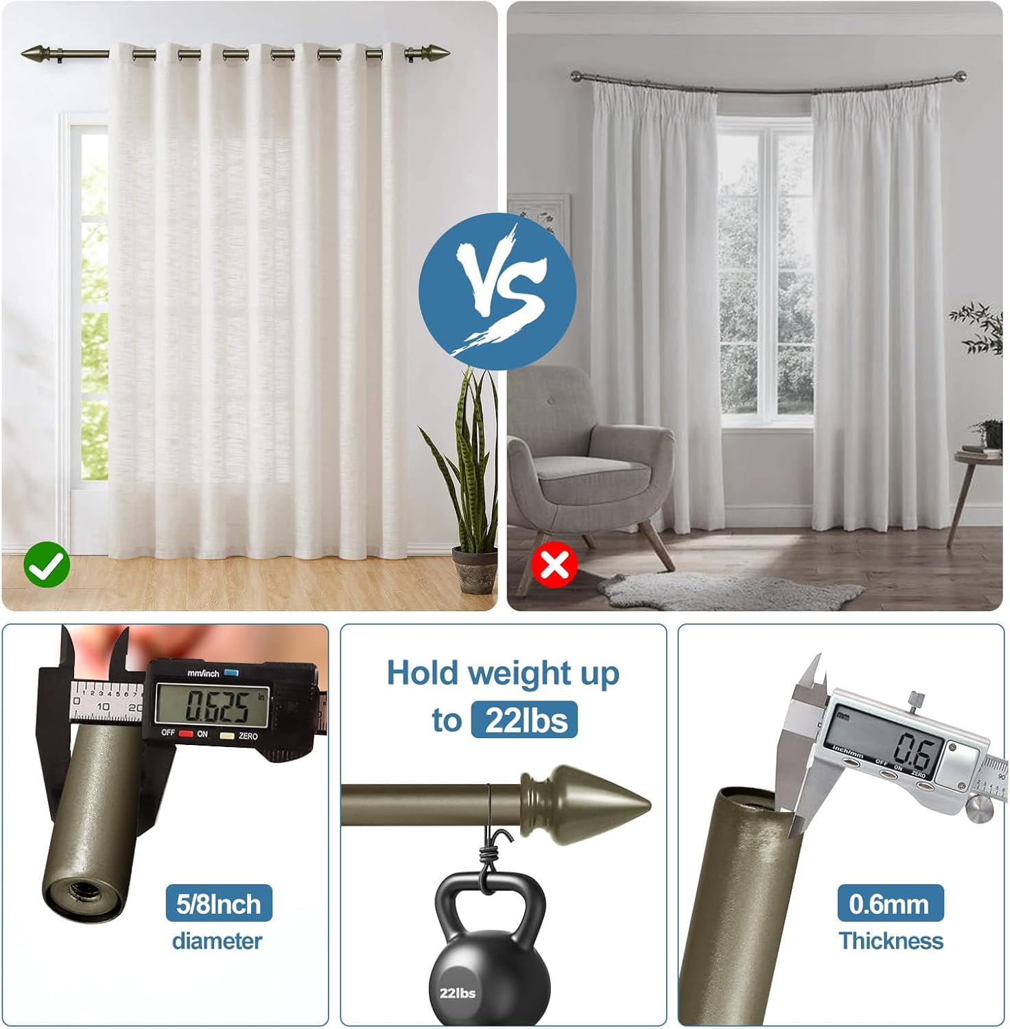Urbanest Adjustable Single Curtain Rod Set Lance Finials – 5/8-Inch Diameter, With Antique Gold Rod, 28–48 Inches