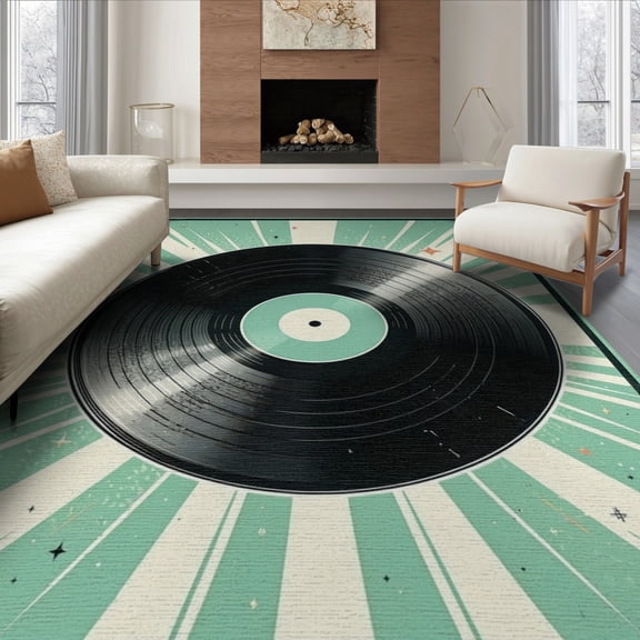 ODIKA 8'x10' Washable Area Rug Non-Slip Chair-Friendly Mat Disc Vinyl Cd Record Retro Vintage Music Spinning Grooves Concentric for Dining Room, Large Office, Lounge