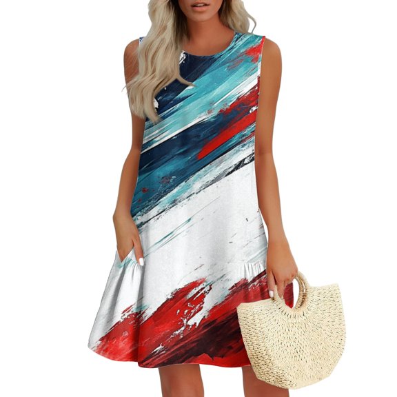 Women's Stylish Sundress, Sleeveless Round Neck Summer Dress with Independence Day Design, Perfect for Fireworks and BBQs,Turquoise L