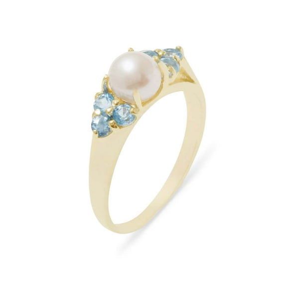 LBG British Made 14k Yellow Gold Cultured Pearl & Blue Topaz Womens Cluster Ring - 33 size options - Size 10