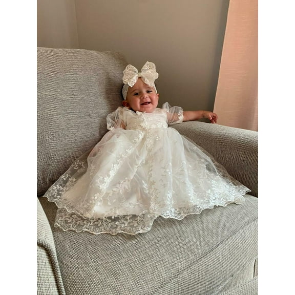 Baby Girls Sleeveless Baptism Dress Christening Gown with Bonnet and Bow Headband 24M Complete Set