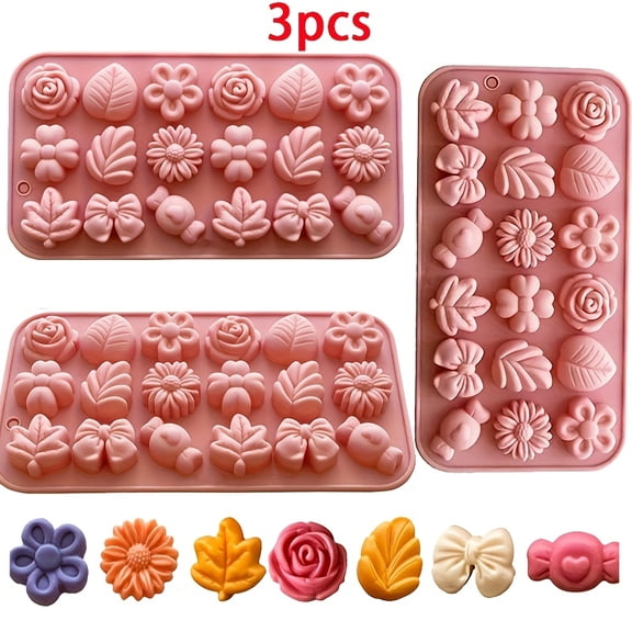 QUTETN 3-Pack 18-Cavity Silicone Mold Set – Floral & Bow Designs for Chocolate, Candy, Cake Decor & Ice Cubes – Food Grade & Dishwasher Safe