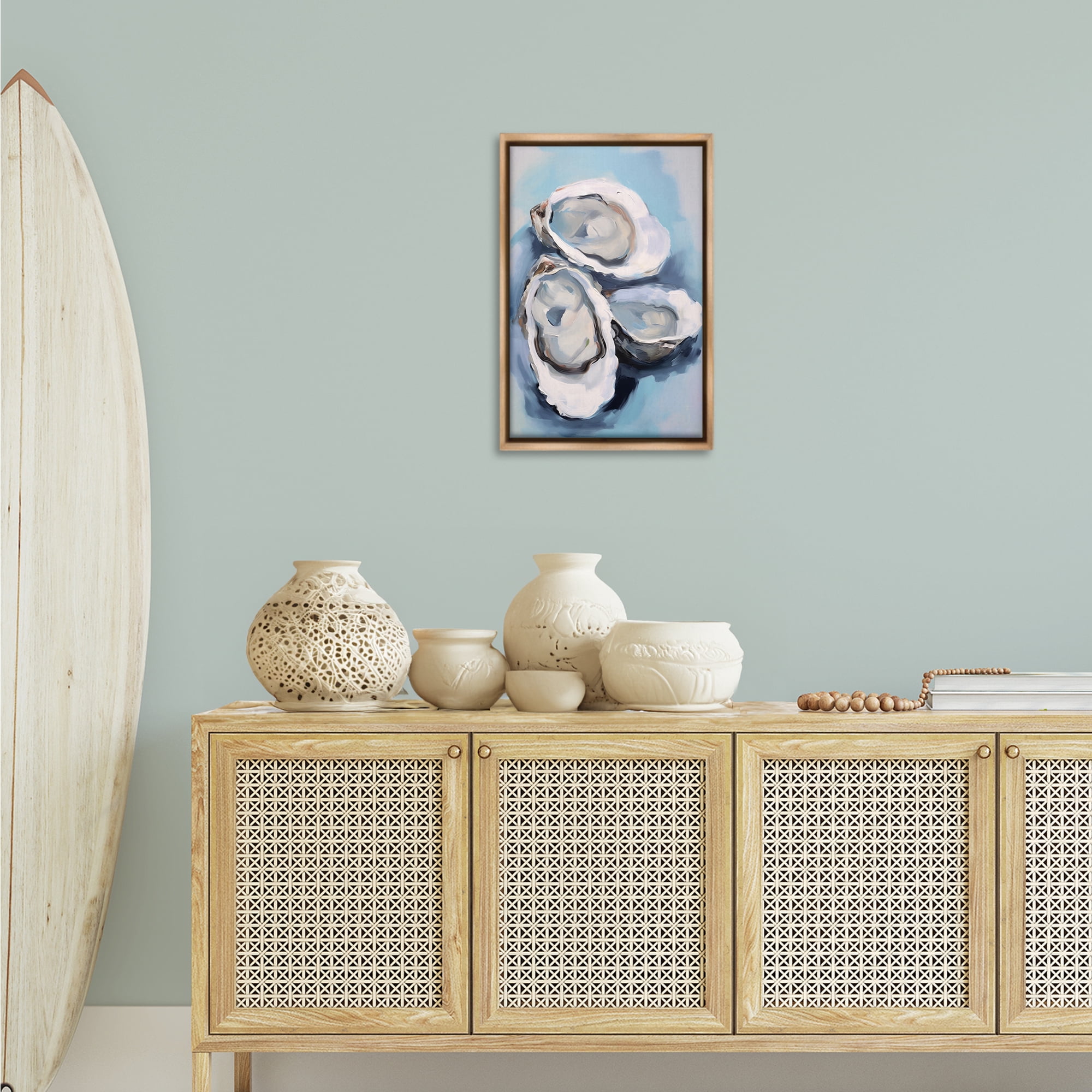 Stupell Industries Three Oyster Seashells Animals & Insects Painting Brown Floater Framed Canvas Art Print Wall Art, 17 x 25