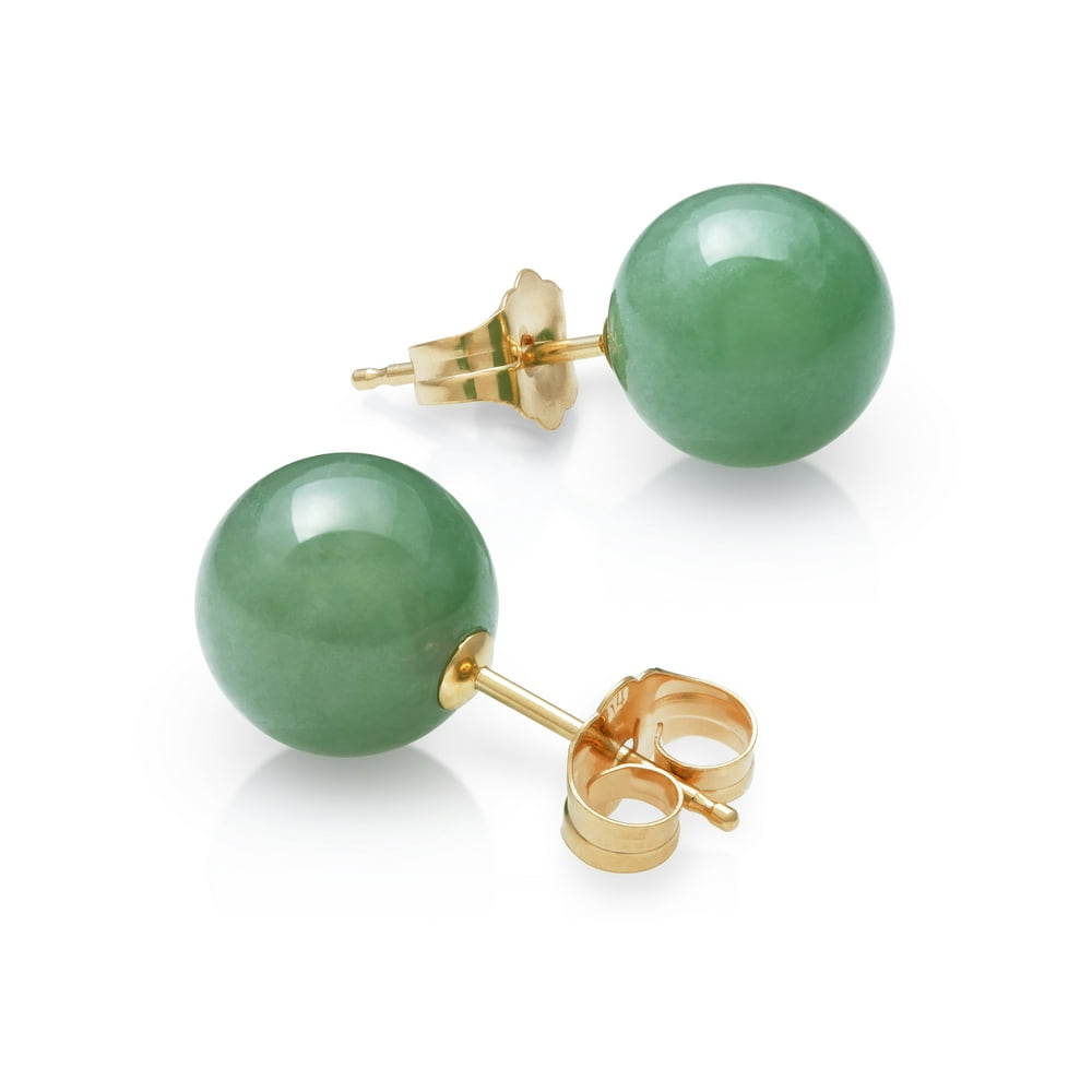 Pearlzzz Natural Green Jade Round 14K Yellow Gold Stud Earrings
