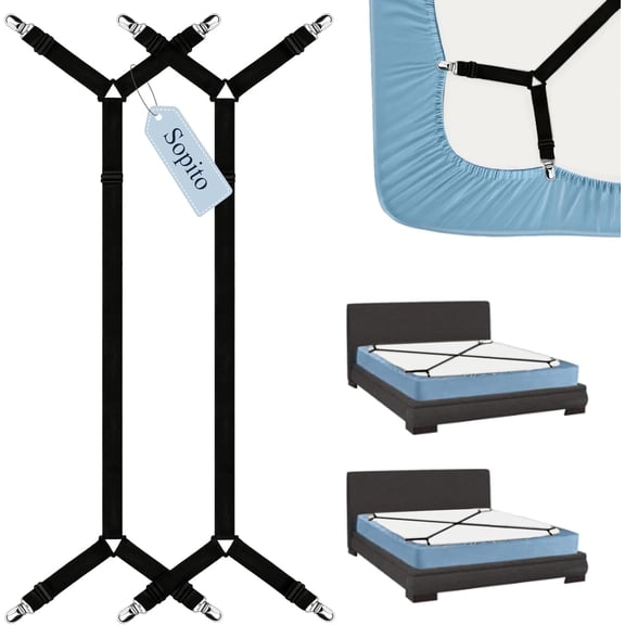Sopito Sheet Straps, 2pcs Adjustable Bed Sheet Suspenders Max Stretch from 29.5 in to 82.7 in Compatible for Crib to King Size Bed, Non Slip Holder Fasteners Clips, Black
