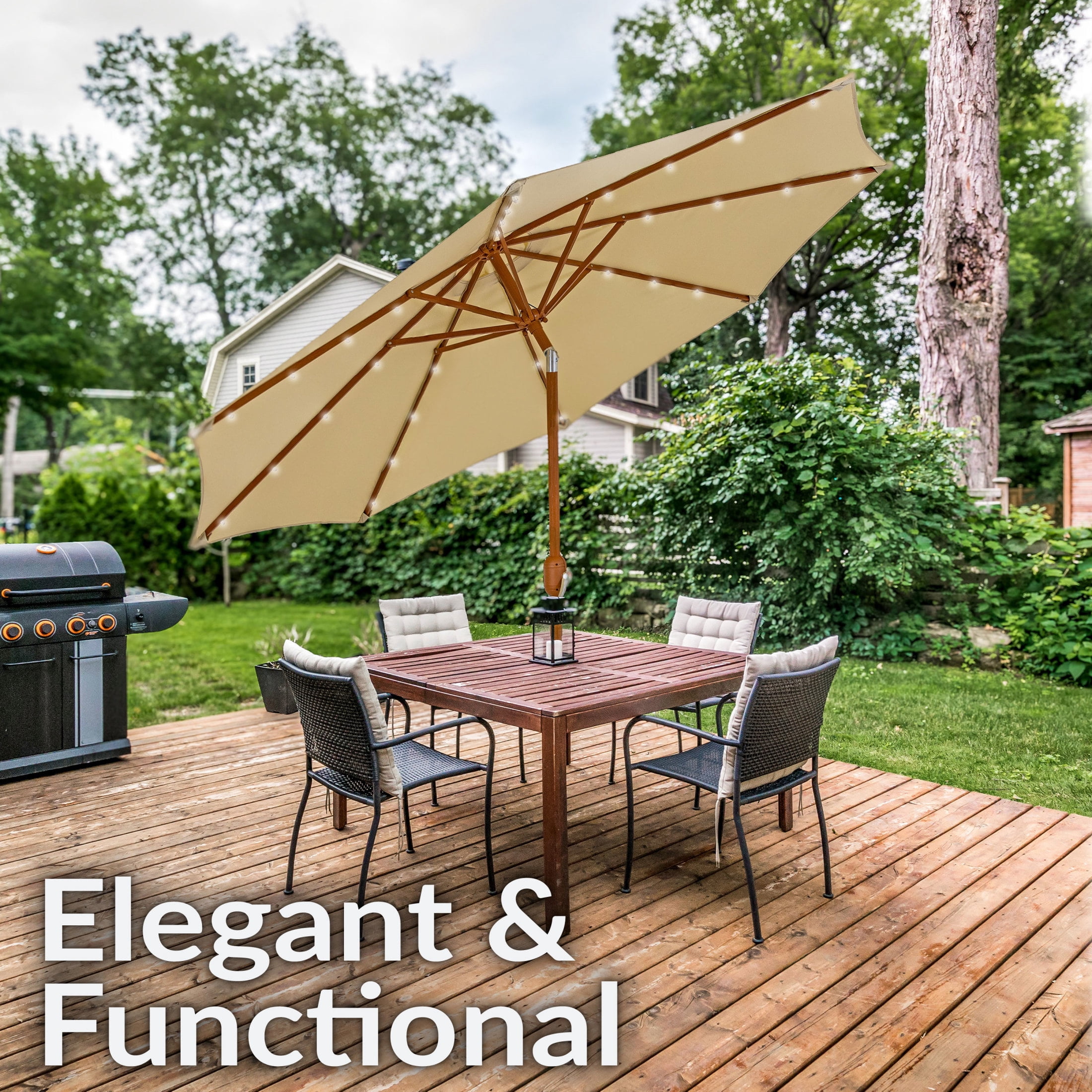 Sunnydaze 8.5 ft Outdoor Patio Umbrella with Push Button Tilt and Crank - Faux Woodgrain Finish - Large Vented Market Umbrella - Beige