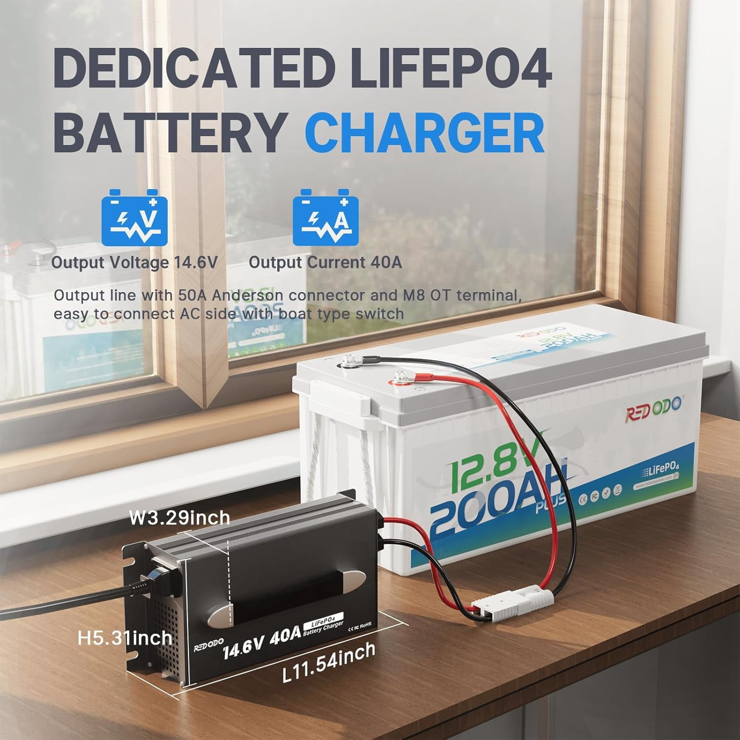 Redodo 14.6V 40A LiFePO4 Battery Charger,Dedicated Lithium Battery Charger,Activate Battery,Fully Protected,Upgrade Handle,Intelligent LED Display,Sturdy Aluminum Casing,for 12V Lithium Batteries