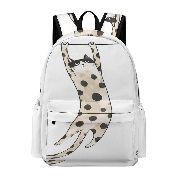 BCIIG Cute Long Spotted Cat Hanging On Rope Colorful Yarn Balls White Background Seamless Pattern Printed Oxford Backpack, Large Capacity Laptop Backpack, Water Resistant, Travel Daypack for College