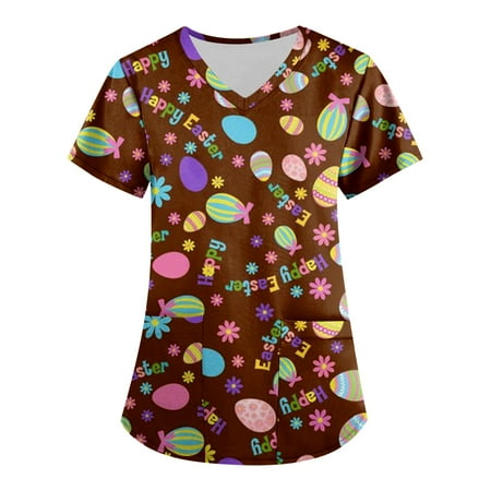 

XHJUN Womens Scrub Tops Print Plus Size Business Short Sleeve Tshirts Teen Girls Easter with Designs Pocket Coffee XXXXXL