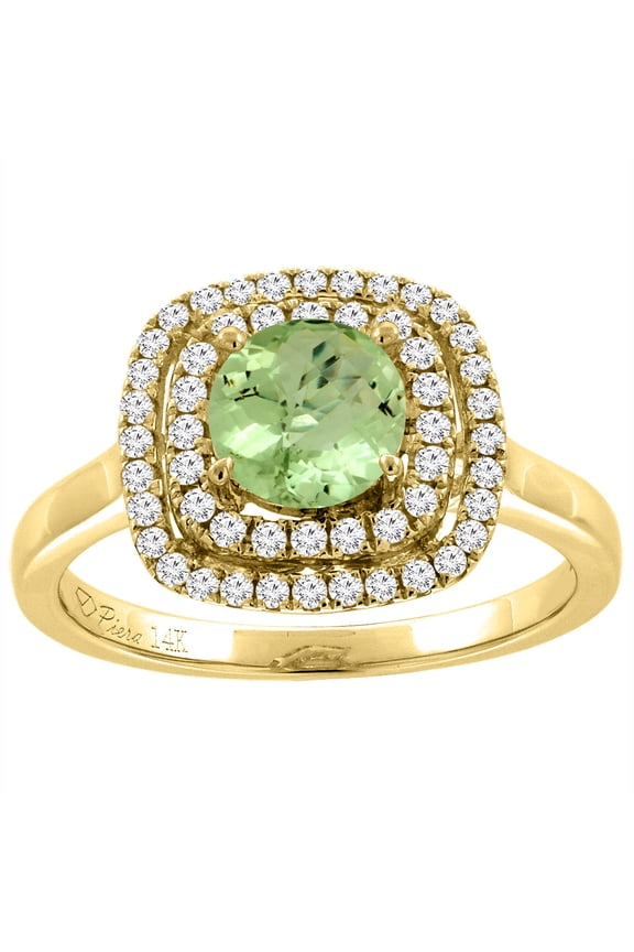 14K Yellow Gold Natural Peridot Double Halo Diamond Engagement Ring Round 7 mm, size 5