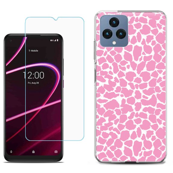 Slim-Fit Gel TPU Fashion Phone Case for T-Mobile Revvl 6 5G, with Tempered Glass Screen Protector, by OneToughShield ® - Giraffe/Pink