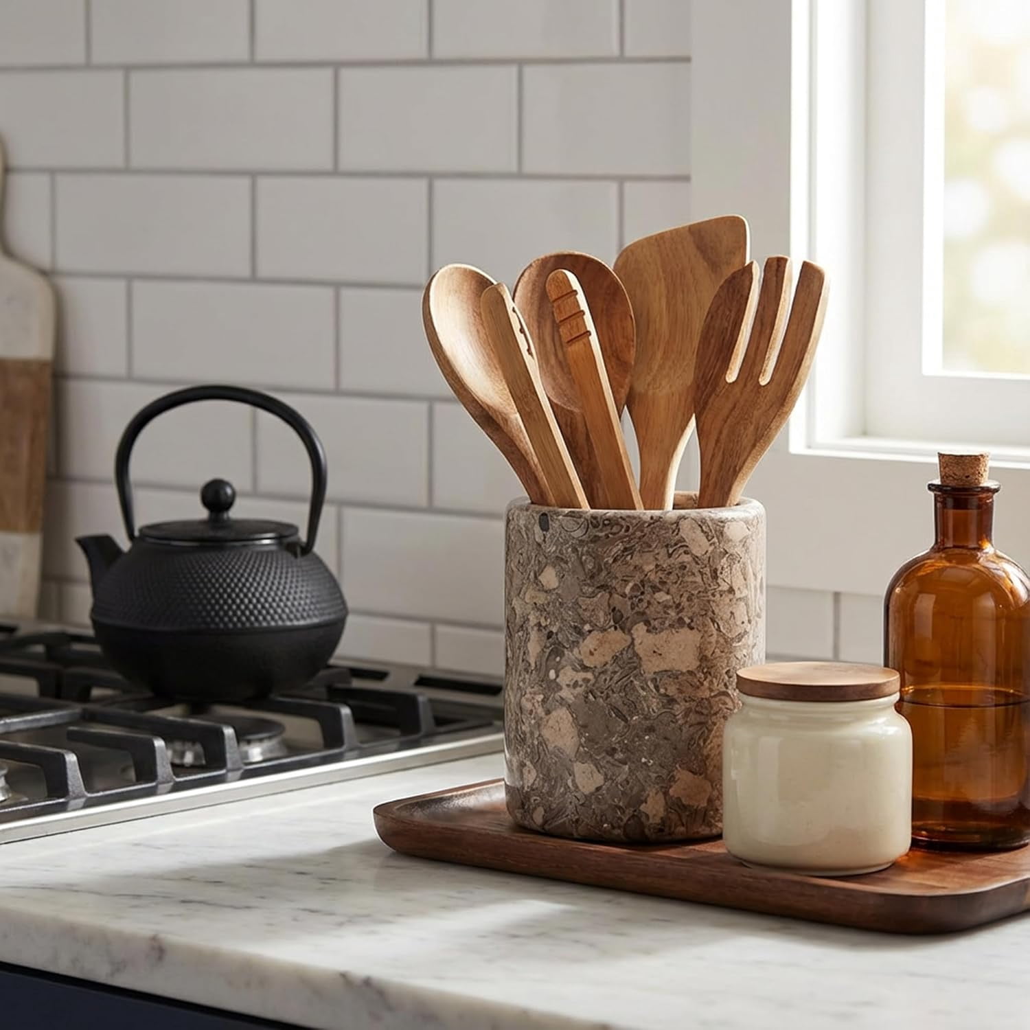 Radicaln Oceanic Marble Kitchen Utensil Holder 6.5 inches – Countertop Cooking Utensils Organizer, Spoon Holder, Decorative Kitchen Counter Storage