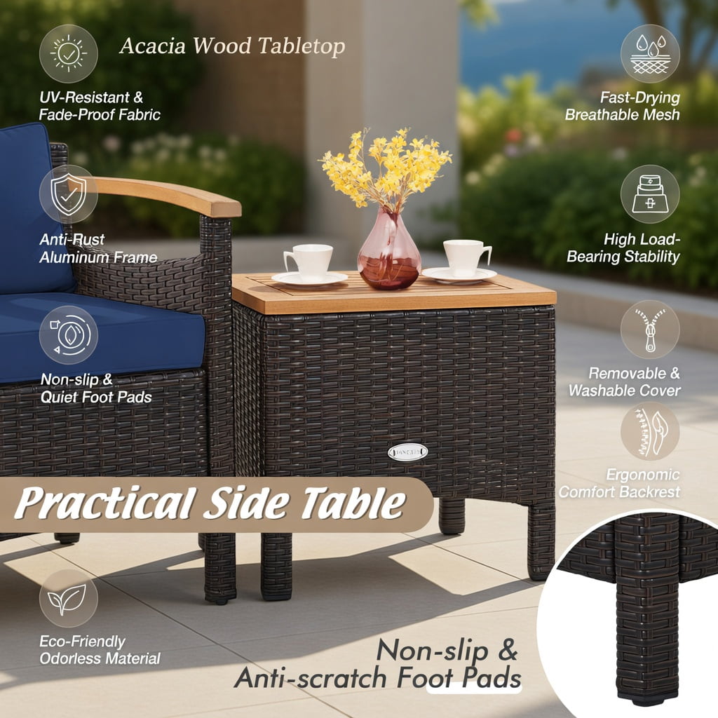Hommoo 3-Piece Outdoor Rattan Patio Furniture Set, Steel Frame + Acacia Wood Coffee Table, Weather-Resistant PE Wicker Sofas, Navy