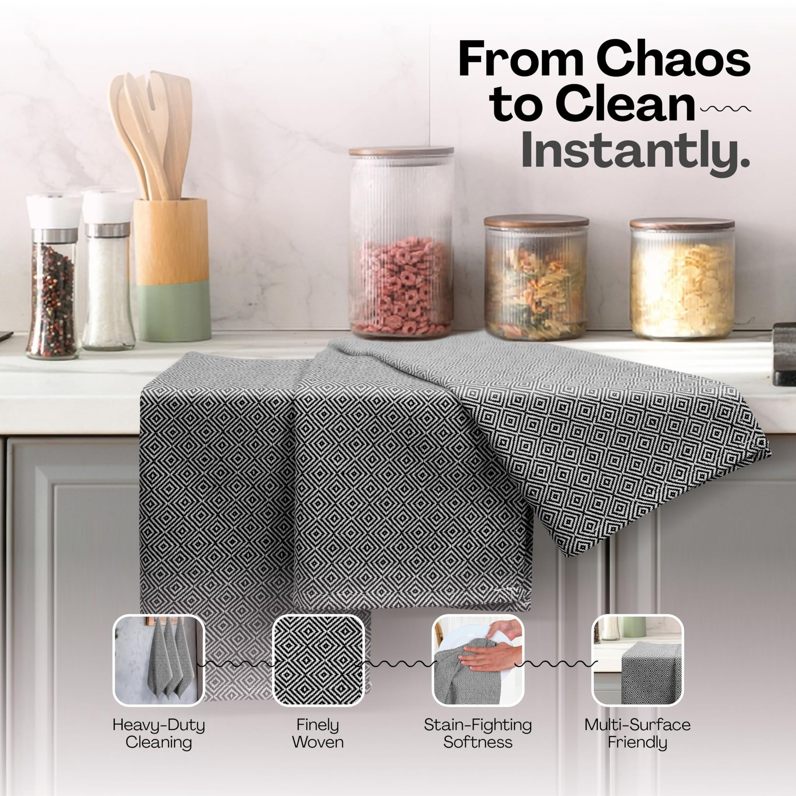 HEIRLOOM COMFORT Black Kitchen Towels, 5 Pack, 100% Cotton, 16"x26", Super Absorbent and Quick Dry, Diamond Design Towel Set, Reusable, Durable Dish Cloths for Kitchen Use, Cleaning & Drying Dishes